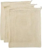 Reusable Produce Shopping and Storage Bags, Drawstring, Washable Organic Cotton Mesh, 3 Pack (Beige, 30 * 40CM)