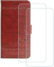 LCEHTOGYE Cover for TCL 505 + 2 Slice HD Tempered Glass,Shell PU BracketBumper Protective Back Case - Anti-Scratch Screen Protector for TCL 505-YSLC - Red
