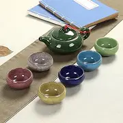 7 Pcs Rainbow Crackle Glaze Porcelain Tea Set Chinese Kung Fu Tea Set with 6 Multi Color Tea Cups 1.7 Ounce and Teapot 6.8 Ounce Ideal for Soju Cute Shot Glasses Sake Cups
