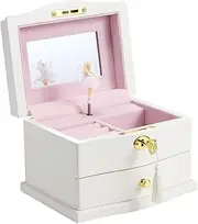 [Generic] Wooden Medium Ballerina Musical Jewelry Box -with Mirror and Lock for girls，Kid's Jewelry Storage Music Box,Gifts for Holidays (White-L)