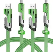 2Pack 4 in 1 Fast Charging Cable, Transferring Data, 6.65 Ft, Braided Cable 65W, USB C USB A and IP, Multiple Charging Cable for Phone/Pad/More (Green)