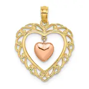 14k Two-tone Gold Yellow and Rose Gold Polished Dangling Heart In Heart Charm
