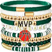 9 Pack Basketball Bracelets Stack Basketball Friendship Bracelets Heishi Beaded Stretch Bracelets Basketball Game Day MVP Sports Fan Bracelets Jewelry Gifts