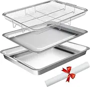 Air Fryer Basket and Tray for Oven, Bakpoco Stainless Steel Air Fryer Basket with Deep Pan, 4 Pcs Oven Air Fryer Pan Rack Set with Parchment Papers for Cooking Baking Grilling Pickled