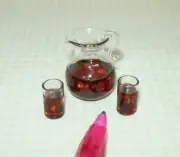 Miniature Glass Pitcher of Iced Coffee or Soda, 2 Filled Glasses: DOLLHOUSE 1:12