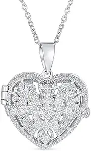 [Bling Jewelry] Vintage Style Filigree Flower Aromatherapy Essential Oil Perfume Diffuser Keepsake Photo Heart Shape Locket Pendant Necklace For Women Teens .925 Sterling Silver