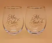 Crystal Stemless Wine Glass Set of 2 Engagement Bride Groom Mr. Mrs. gag novelty