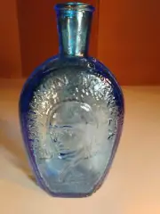 Wheaton Blue Glass Benjamin Franklin 1888 Glasshouse Bottle Vintage 8" Tall
