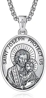 [ADMETUS] 925 Sterling Silver Patron Saint Medals Mens Amulet Necklace Protection Jewellery with 2.5mm 22"+2" Round Box Chain, 25*20 mm, Sterling Silver, No Gemstone