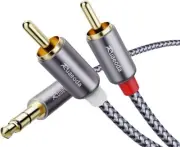 3.5mm to 2RCA Cable 6 Feet, Braided AUX 2-Male 6Ft, Grey