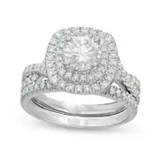 1.63 CT. T.W. Natural Diamond Double Cushion Frame Twist Shank Bridal Engagement Ring Set in Solid 14K White Gold