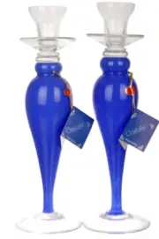 MURANO Art Glass Blue Candle Holder Pair by Cristalvi Hand Blown Italy New