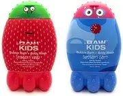 Kids Bath & Body Wash Bundle by Raw Sugar, (1) Strawberry Vanilla, (1) Super Berry Cherry 12 oz Each (Pack of 2) + Loofah