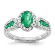 14k White Gold Real Diamond and Oval Emerald Ring