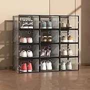 Shoe Storage Box 12 pcs, Transparent Shoe Boxes with Lid, Round Hole Design for Easy Access, Load Bearing 20kg, Foldable Stackable Free Combination Shoe Rack - Space Saving Storage Organizer