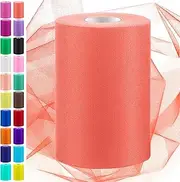 [Swpeet] 6 Inch by 100 Yards Coral Red Tulle Fabric Roll, Fabric Spool Tulle Ribbon, Tulle Ribbon Sheer Mesh Netting Polyester Spool for DIY Birthday Party Wedding Decorations Christmas Craft Supplies