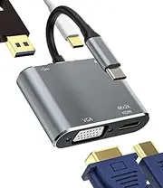 USB C to HDMI VGA USB A Type C Docking Station(4in1) Thunderbolt Charger Splitter Adapter Compatible for Samsung Apple IPhone15 Pro Max Ipad Mini TV Display Port Hub Laptop Extender Connector MacBook