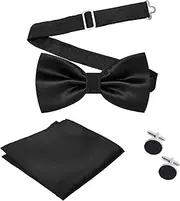 [Medsuo] Adjustable Bowtie Pocket Square Cufflinks Tuxedo Men's Solid Color Handkerchief Pre-Tied Bow Tie for Weddings, Parties, Proms, Black