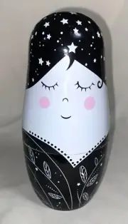 3 Piece Hand Painted Wood Nesting Doll Black White & Pink Stars Over Ladies