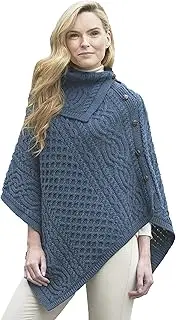 [Aran Crafts] Women's Cable Knit Buttoned Cowl Neck Poncho (100% Merino Wool)