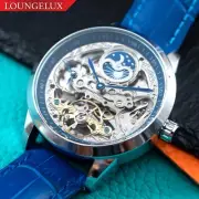 Mens Silver Dual Time Skeleton Automatic Mechanical Watch Blue Leather Band