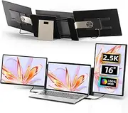 Laptop Screen Extender 2.5K Monitor - 16" Triple Portable Monitor 100% sRGB QHD 2560x1600P IPS 235° Rotation Detachable Screen Design Extra Compatible with Mac Wins Dex Chrome Fits 13"-17" Laptops