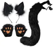 4 pcs Wolf Fox Dog Ears Headband Tail Paw Glove Set,Handmade Faux fur Cosplay Halloween Costume Party for Kids & Adult