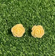 Handmade Button Earrings Stud Yellow Roses Flower Fabric Retro 80s Style NEW
