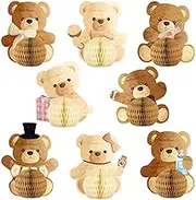 JarThenaAMCS 8Pcs Bear Honeycomb Centerpiece Baby Shower Table Decoration Centerpiece 8 Designs Brown Paper Honeycomb Balls for Wedding Birthday Party Decor