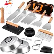 18Pcs Griddle Accessories Kit, Joyfair Stainless Steel Flat Top Grilling Spatula Accessory Tools Set with Basting Cover Burger Press, for Outdoor BBQ Teppanyaki Hibachi Cooking (Wooden Handles)