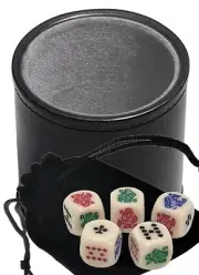 Poker Dice Rounded Corners Ivory Tone w/Pouch + PU Leather Grey Felt Lined Cup