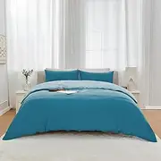 [LINENOVA] Vintage Washed Quilt Cover Set King - 1800TC Ultra-Soft Microfiber, Cotton-Like Texture, Breathable and Cozy, 1 Duvet Cover & 2 Pillowcases (Light Blue&Slate Blue)