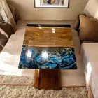 24" Square Ocean Wave Epoxy Resin Coffee Side Table Live Edge Wood Modern Decors