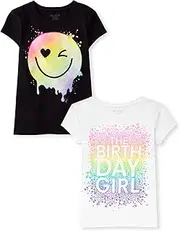 [The Children's Place] Girls' Assorted Everday Short Sleeve Graphic T-Shirts,multipacks, Birthday/Smiley 2-Pack