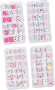 Outanaya Boxes Children's False Nails Coffin Press on Nail Press on Faux Nails Pegs Artificial Press Nail Press on Nails for Kids Glue on False Nails Finished Product Nail Stickers Girl