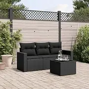 4 Piece Garden Sofa Set with Cushions Black Poly Rattan,Outdoor Furniture Sets-3218655