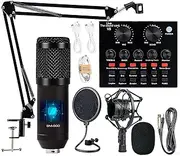 Podcast Equipment Bundle, BM-800 Mic Kit with Live Sound Card, Adjustable Mic Suspension Scissor Arm, Metal Shock Mount and Double-Layer Pop Filter for Studio Recording & Broadcasting (CF200-Black)