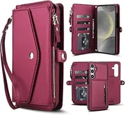 XIMAND Detachable 2-in-1 Case for Samsung Galaxy S25 - Wallet Cover with Card Slots, RFID Blocking, Compatible with Magsafe Charging and Car Mount, Wrist & Crossbody Strap.(Red)