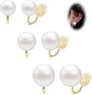 [ShinyStyle J4You] 3 Pairs Pearl Clip On Earrings Women Gold Fake Earrings Clip On Pearl Earrings Non Pierced Earrings Clip Earrings Simulated Pearl Clip-On Earrings 8mm 10mm 12mm