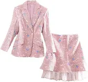 [Mkjuuior] Women's 2-Piece Retro Embroidery Plaid Suit Top + A-Line Patchwork Lace Skirt