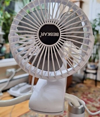 BESKAR Small Clip on Fan - Personal USB 6" Fan - White - NEW