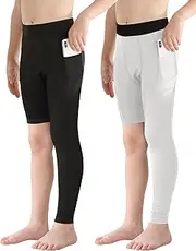 [Hotfiary] Youth Boys One Leg Compression Pants for Basketball Long Leggings Sports Tights Kids Athletic Soccer Base Layer