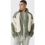 Mens Colour Block Borg Jacket In Sage