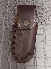Dark Brown Engraved Close Top Button Belt Loop Leather Pocketknife Sheath