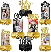 8Pcs 60th Birthday Decorations Honeycomb Centerpieces for Women Men, Black Gold Vintage 1965 60th Bday Photo Table Centerpieces Party Supplies, Glitter Cheers to 60 Year Old Bday Table Topper