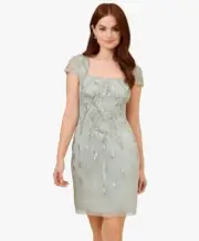 $199 Adrianna Papell Size 12 Beaded Cap Sleeve Cocktail Dress Aqua Dust