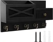 ZFLYCANP Key Holder Wall Mount, Wooden Key Hanger Rack with Storage Hooks and Drawer, Practical Key and Mail Holder Organizer for Home Essentials