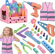 Gifts2U Toy Tool Set for Girls Pretend Play Toy with Play Drill Tool Box and Toy Tape Measure, Pink Toy Tool Set Learning Tool Kit for Girls Toddlers Boys Age 3 4 5 6 Home Stem DIY Gifts