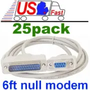 Lot25pk 6ft DB9 FEMALE~DB25 pin MALE Serial Null Modem Data Cable,Nul wired Cord