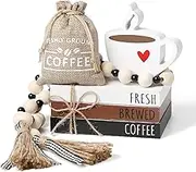 WODOHOLO Coffee Bars Decor, 6 PCS Coffee Bar Decorations,Mini Wooden Book Stacks with Bead Garland, Coffees Bar Accessories for Tiered Tray,Table,Shelf,Rustic Farmhouse Home Decor